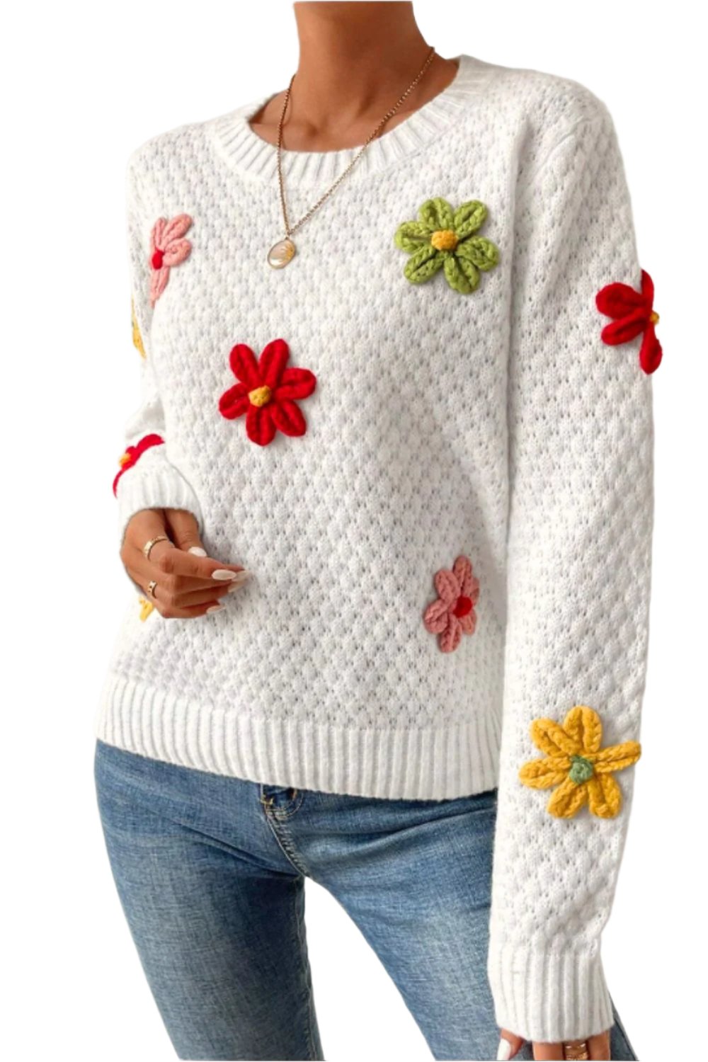 TEEK - White Crochet Flower Round Neck Long Sleeve Sweater TOPS TEEK Trend S