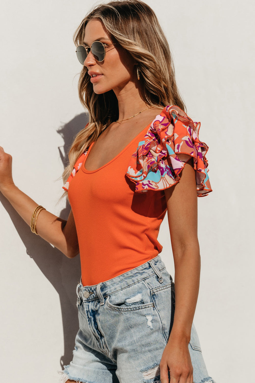 TEEK - Red Orange Floral Ruff Sleeve Bodysuit TOPS TEEK Trend   