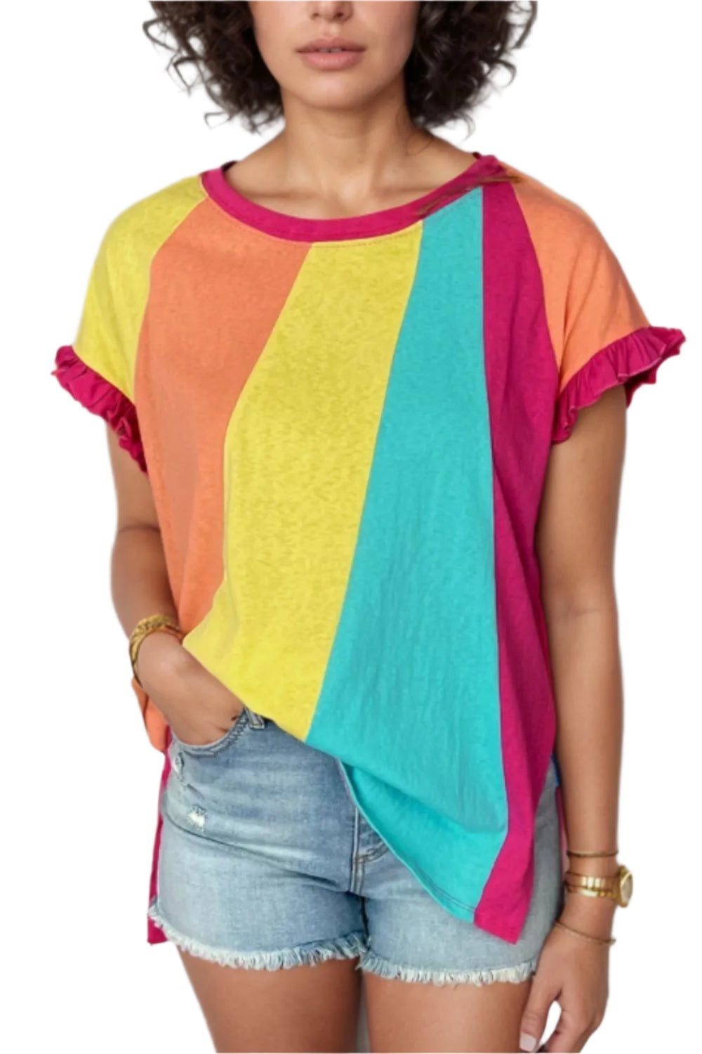 TEEK - Frill Color Block Crew Neck Loose Fit T Shirt TOPS TEEK Trend S
