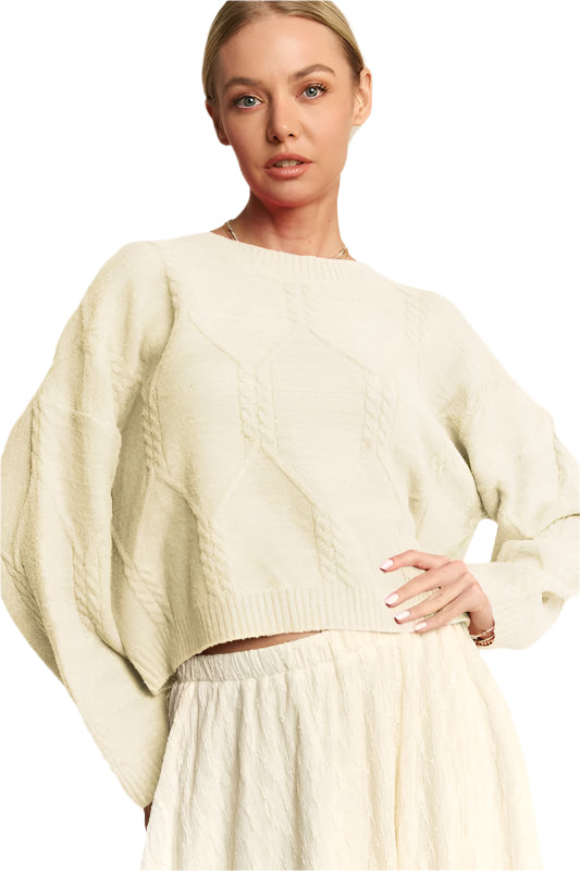 TEEK - Ivory Diamond Cable Pattern Sweater TOPS TEEK Trend S
