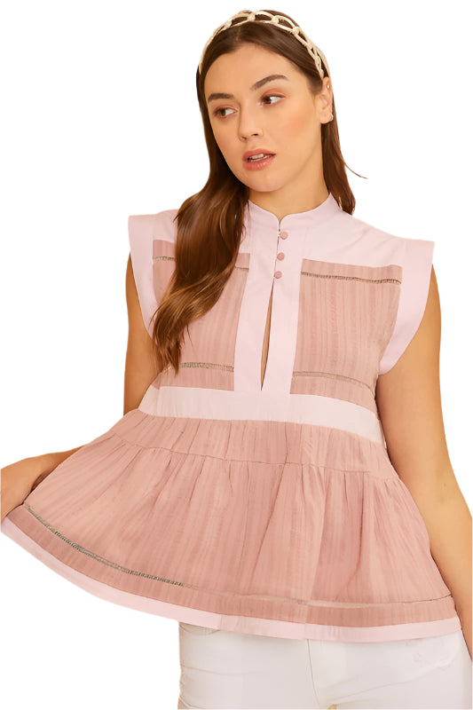 TEEK - Dusty Pink Contrast Trim Peplum Button Blouse TOPS TEEK Trend