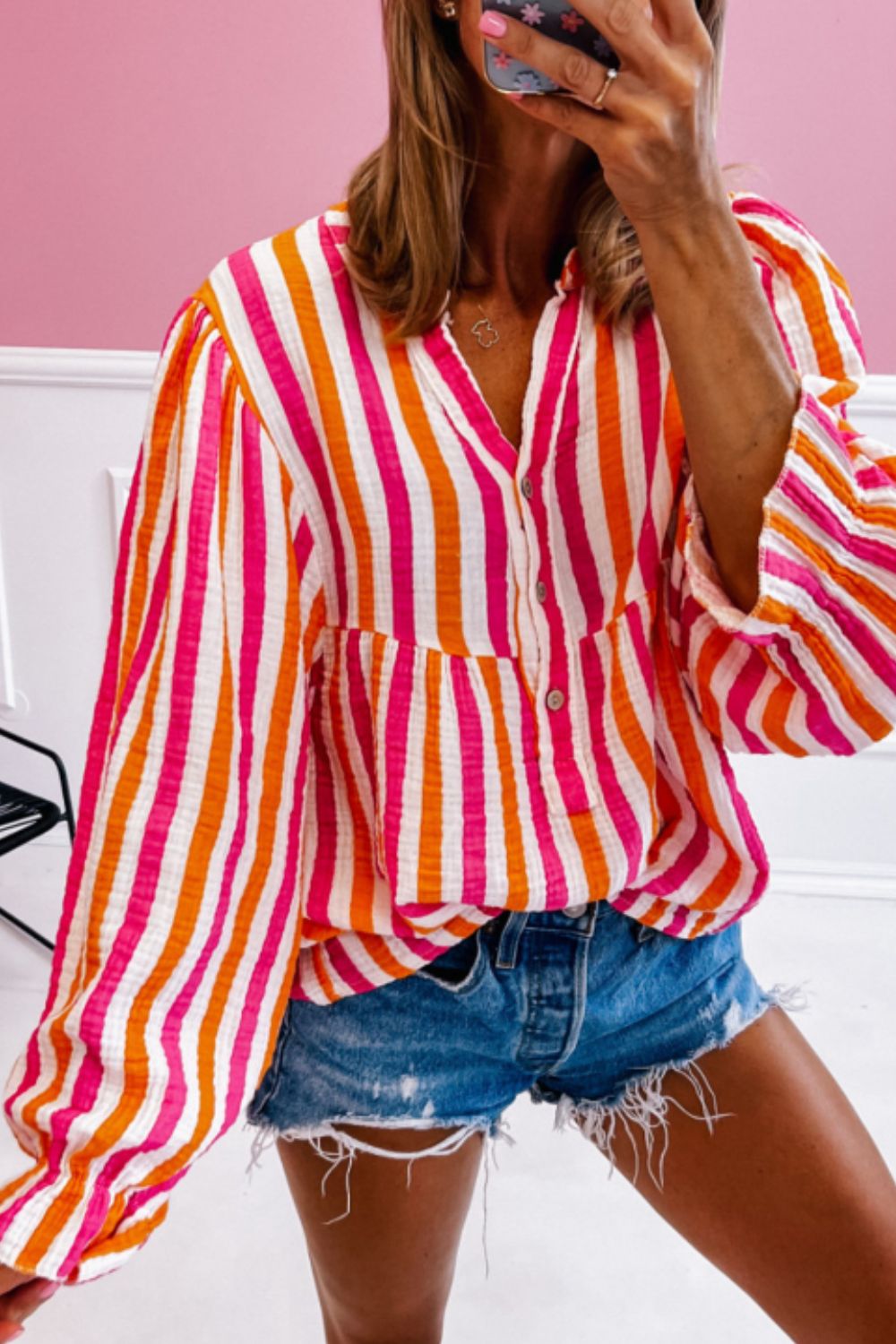 aaTEEK - Red Striped Notched Flounce Sleeve Blouse TOPS TEEK Trend