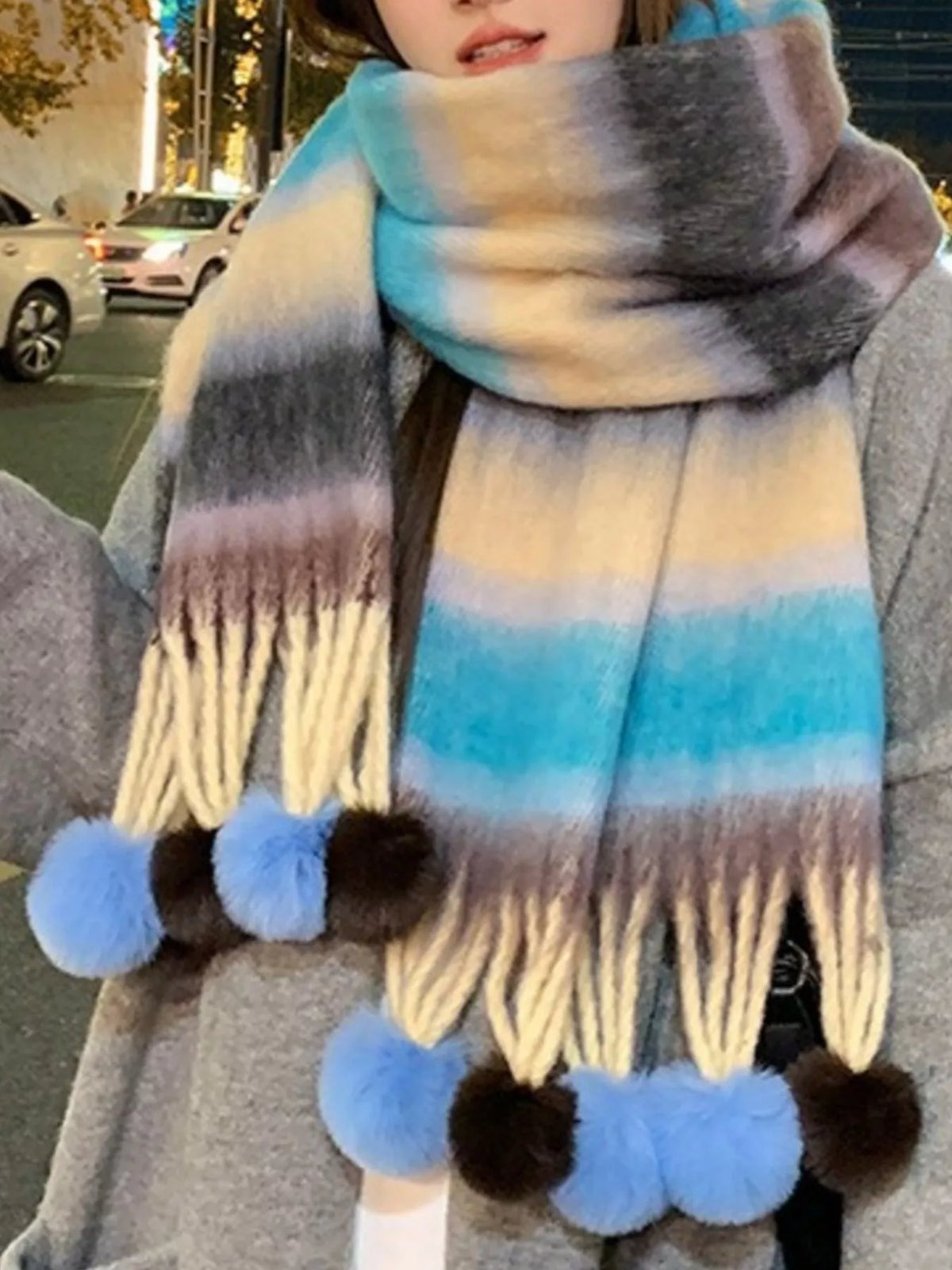 Striped Scarf with Pom-Poms Trendsi