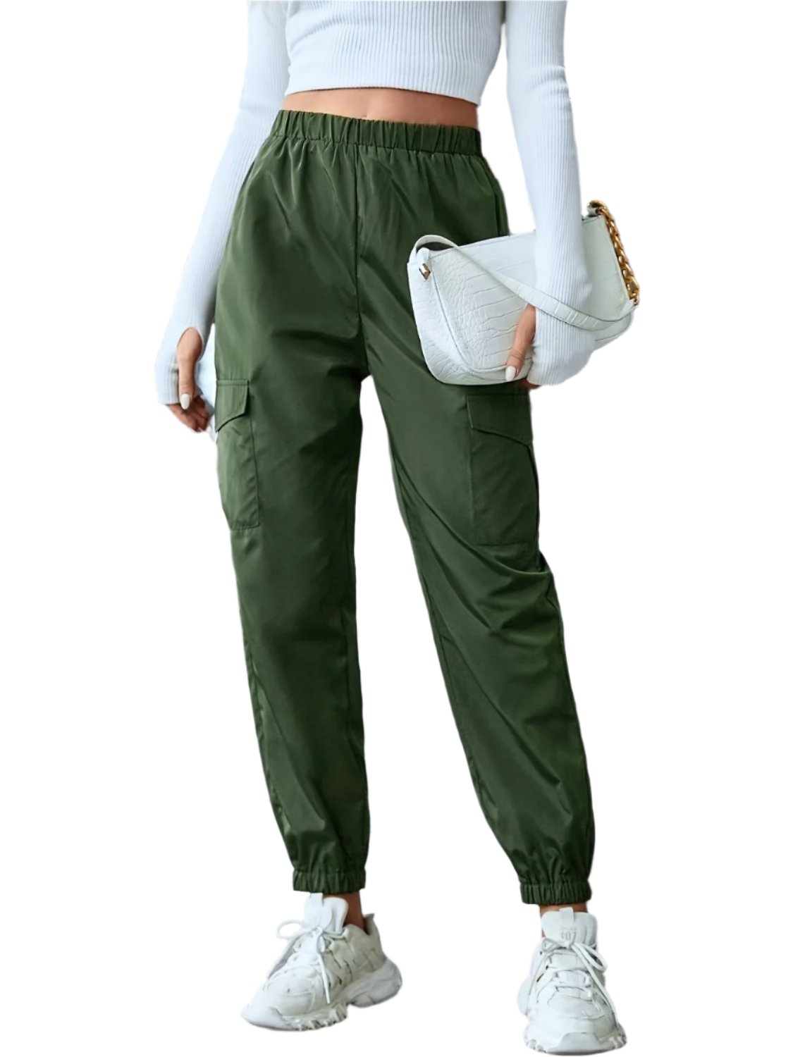 TEEK - Army Green Elastic Waist Pocketed Pants PANTS TEEK Trend S  