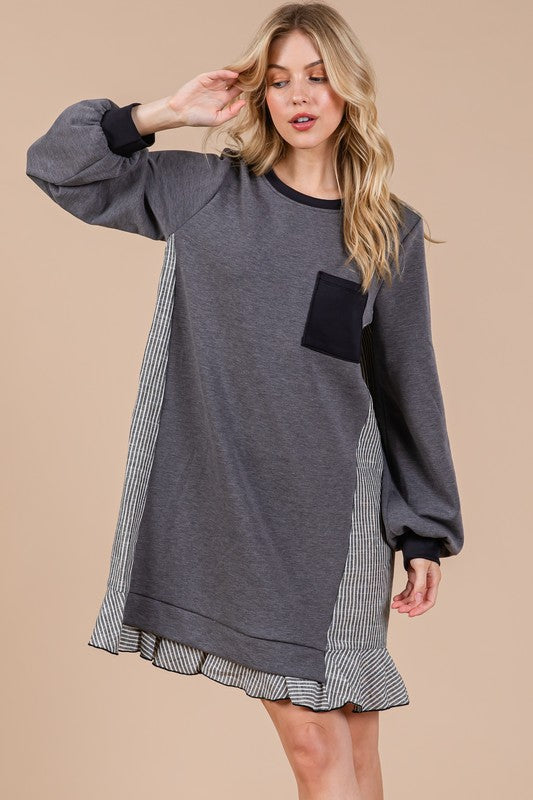 TEEK - Charcoal Striped Patchwork Terry Sweatshirt Dress DRESS TEEK Trend