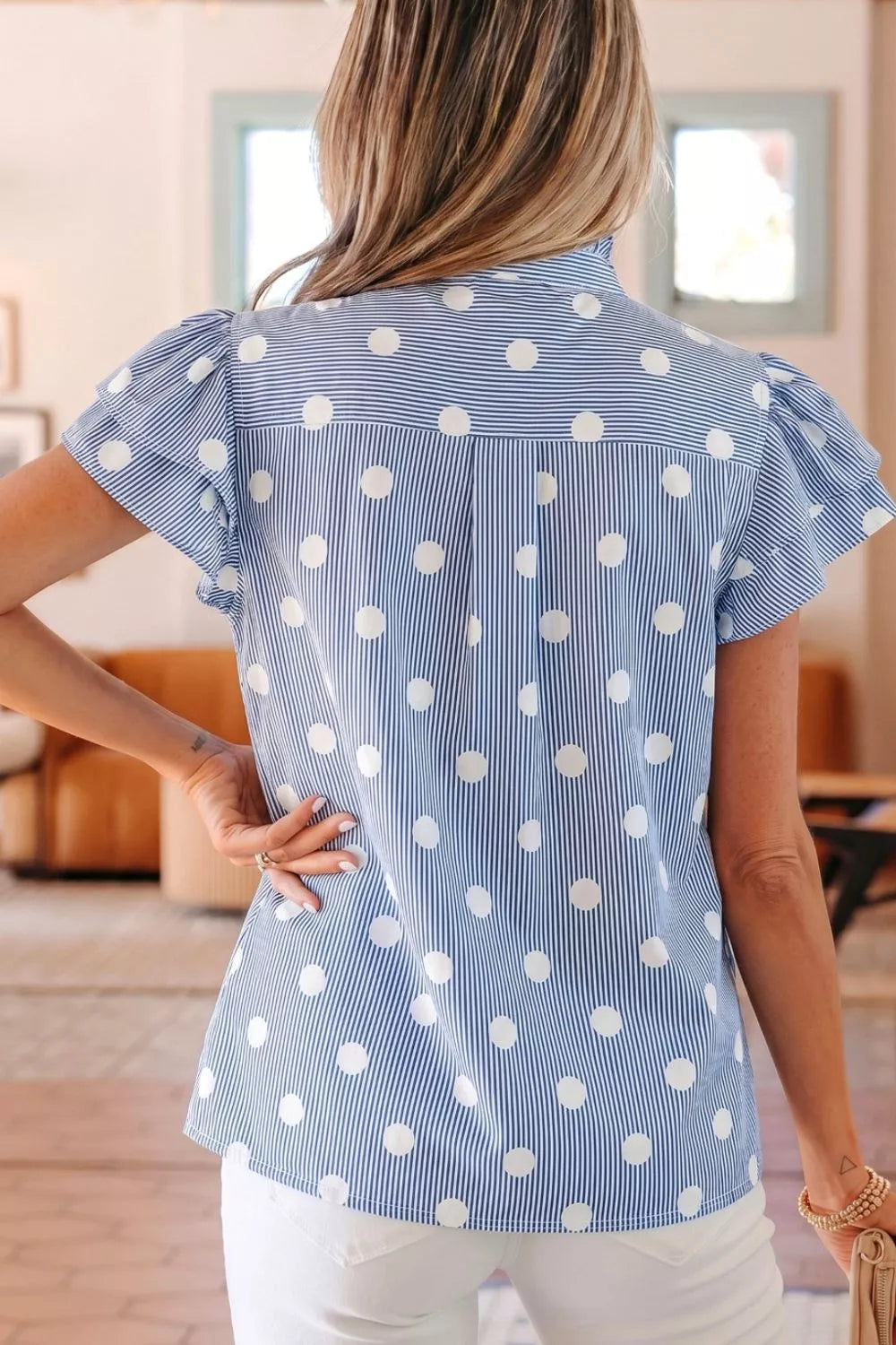 Stripe Contrast Polka Dot Print Pleated Ruffle Sleeve Shirt Trendsi