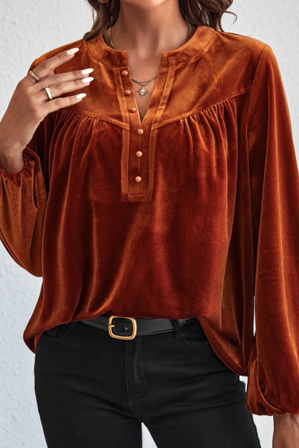 Notched Long Sleeve Velvet Top TEEK Trend