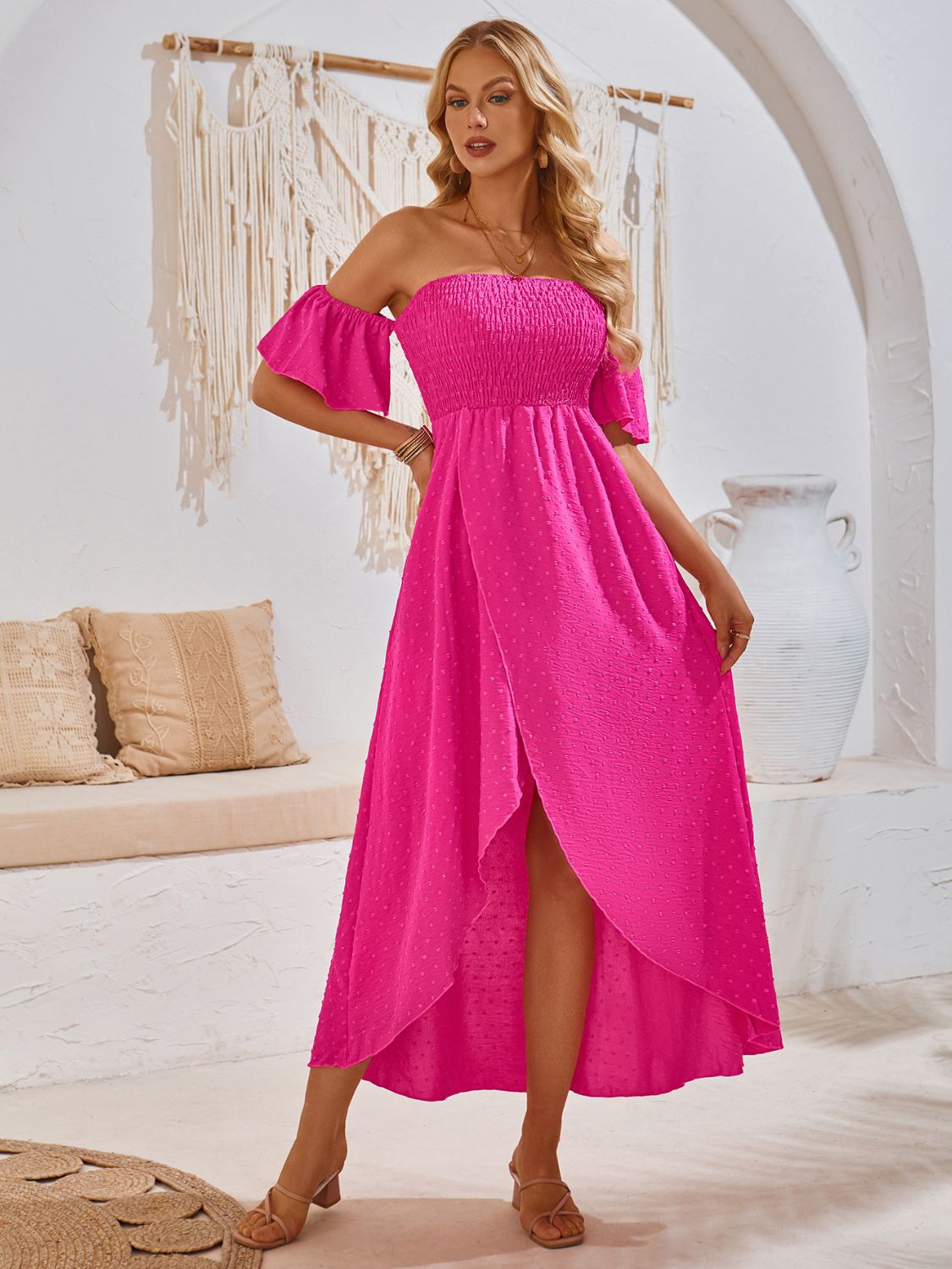 TEEK - High-Low Smocked Short Sleeve Dress DRESS TEEK Trend Hot Pink S 