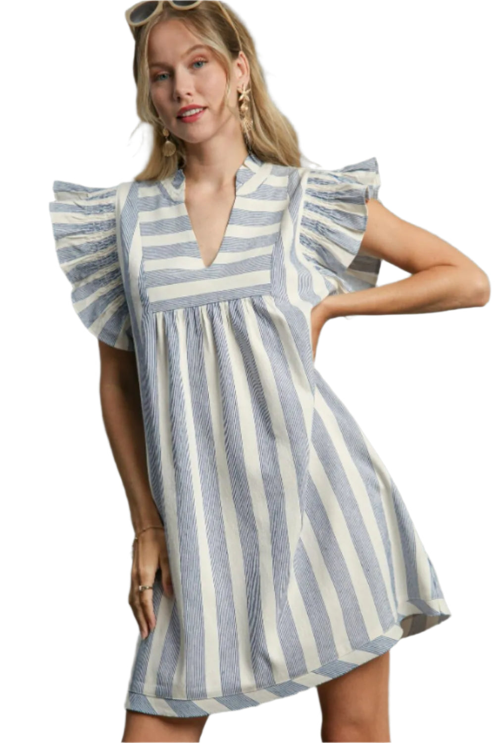 TEEK - Light Blue Striped Notched Ruffled Cap Sleeve Dress DRESS TEEK Trend S