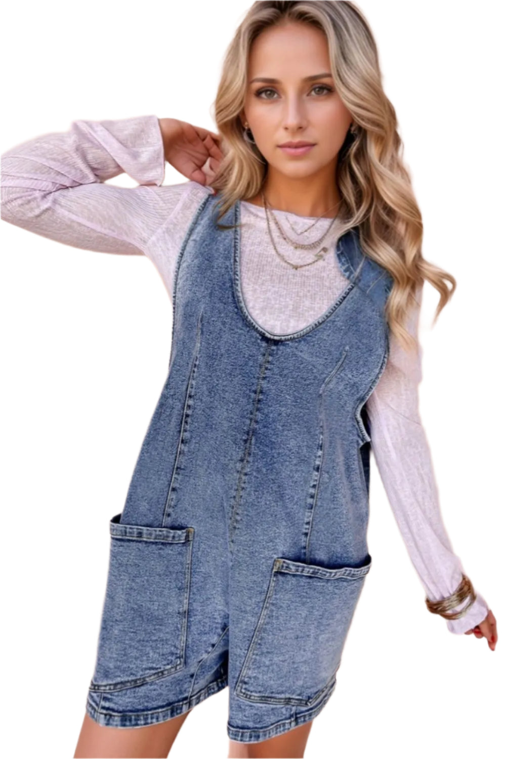 TEEK - U-Neck Patched Pocket Denim Overalls JUMPSUIT TEEK Trend S