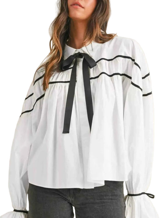 TEEK - Elegant Contrast Bow-Tie Ruffle Blouse TOPS TEEK Trend White S