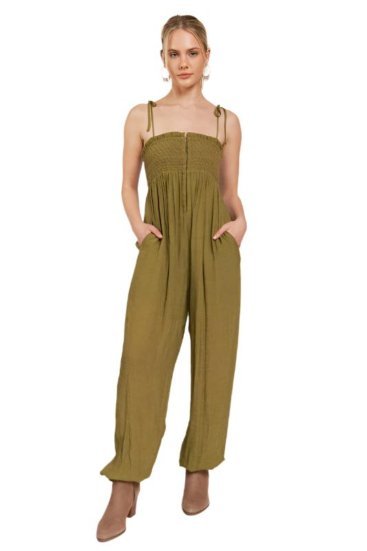 TEEK - PLUS SIZE SMOCKED TIE STRAP JUMPSUIT JUMPSUIT TEEK FG OLIVE 1X 