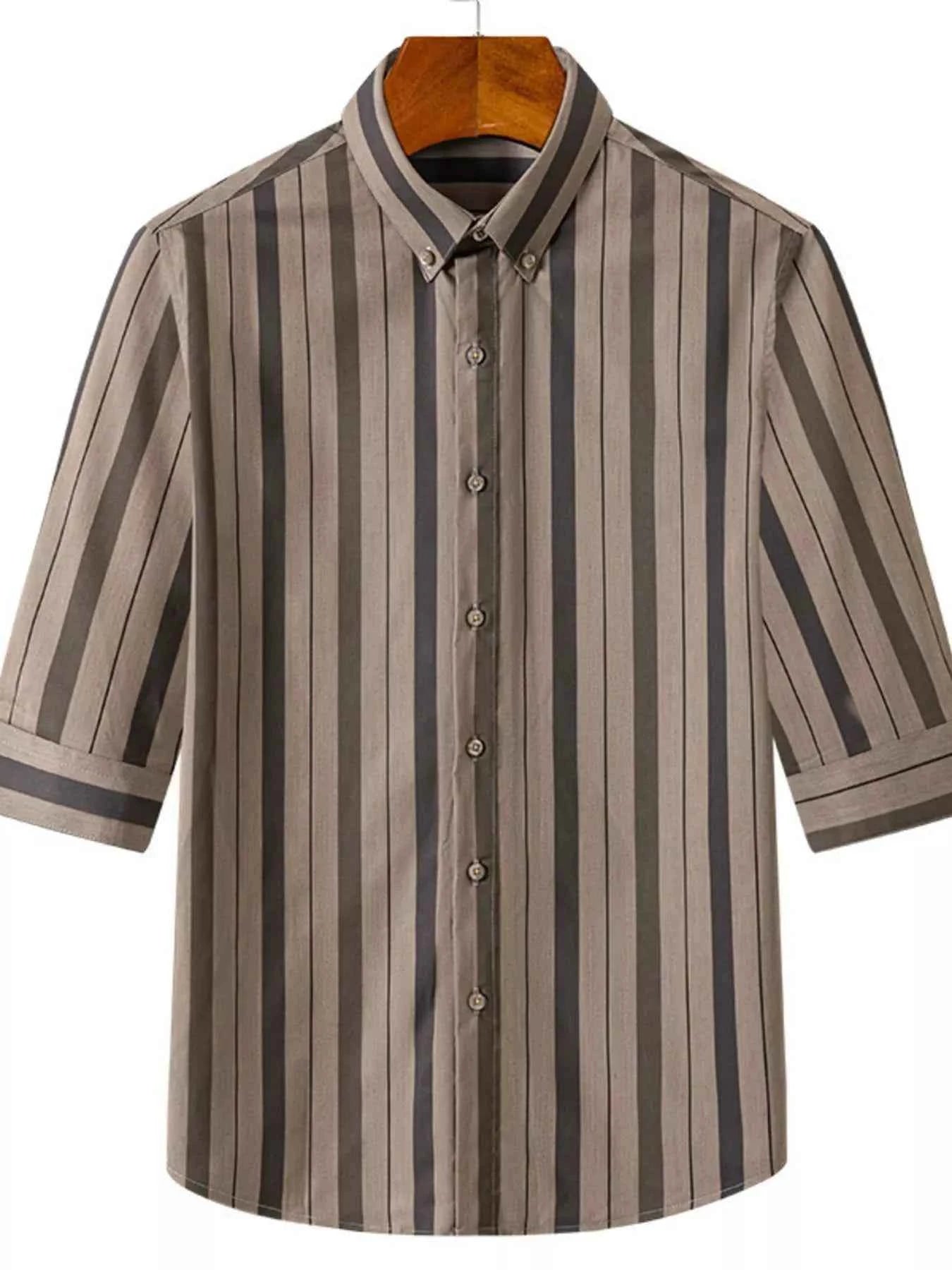 Men's Plus Size Striped Casual Half Sleeve Shirt Trendsi Khaki M