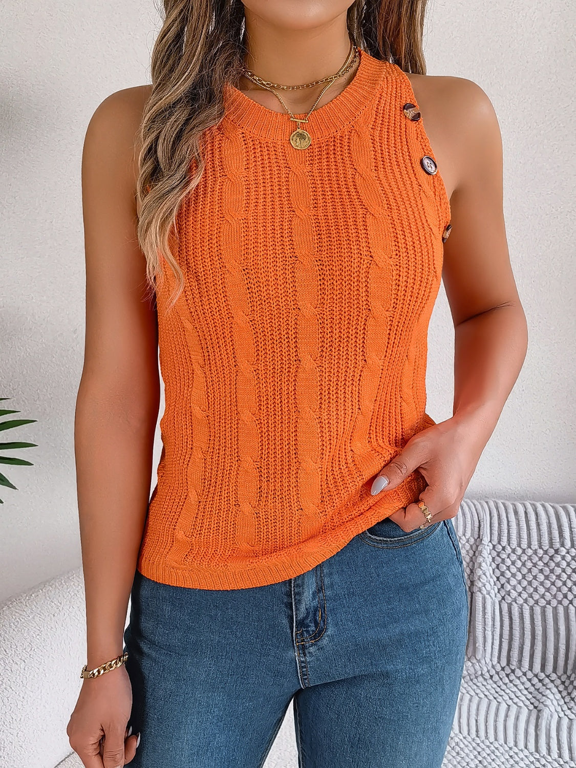 TEEK - Cable-Knit Round Neck Vest Top TOPS TEEK Trend Orange S 