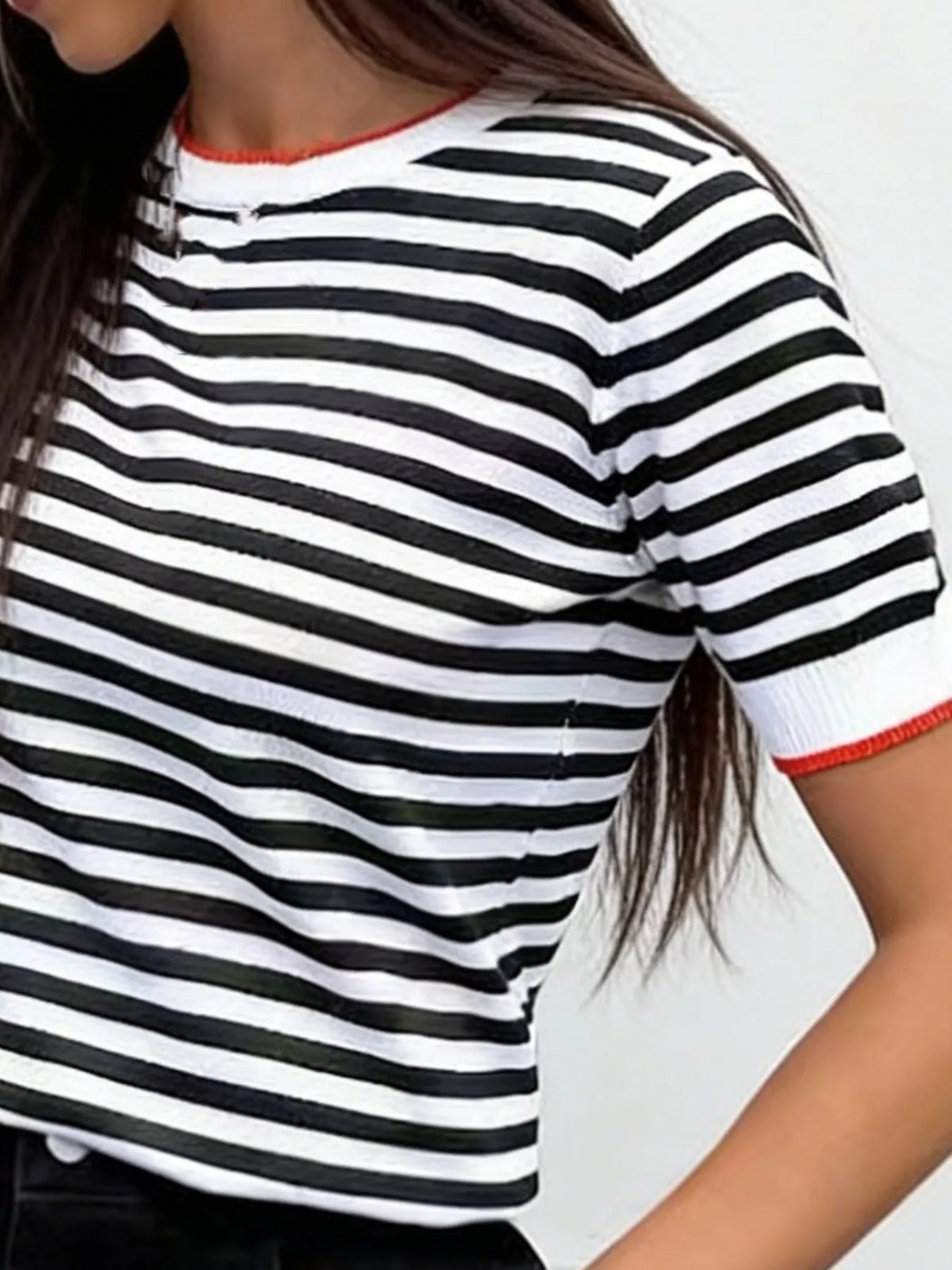 Contrast Trim Striped Short Sleeve Knit Top Trendsi