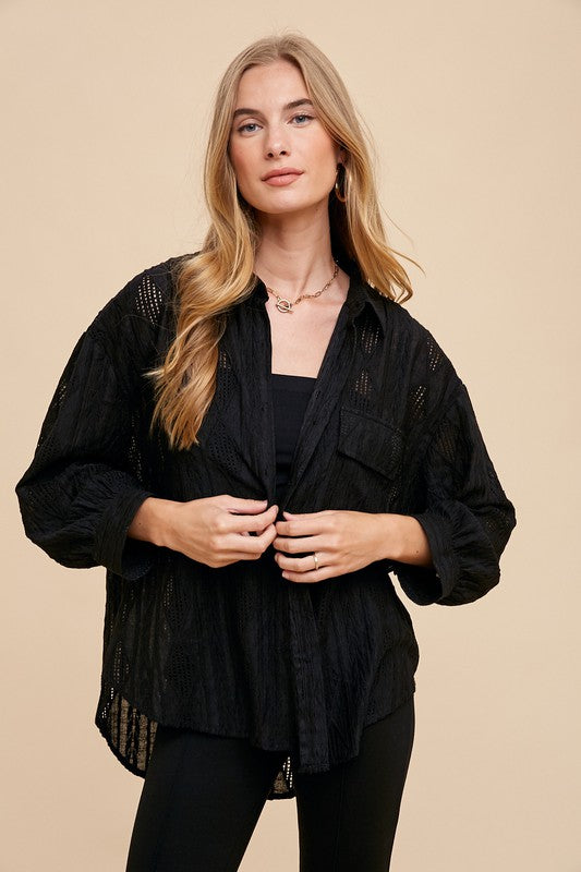 TEEK - Black Openwork Button Down Drop Shoulder Shirt TEEK Trend