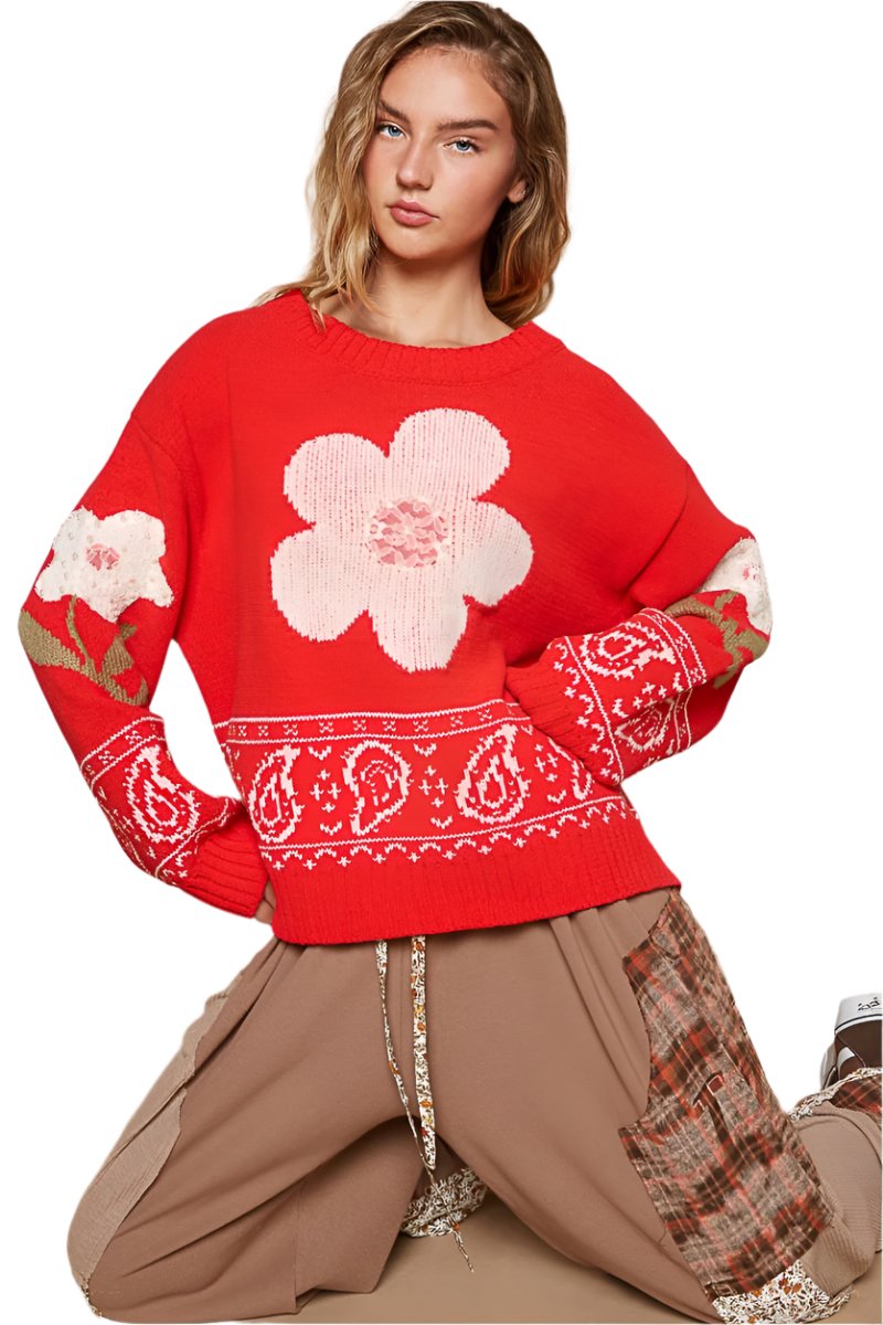 TEEK - Red Flower Lace Patch Long Sleeve Sweater TOPS TEEK Trend S