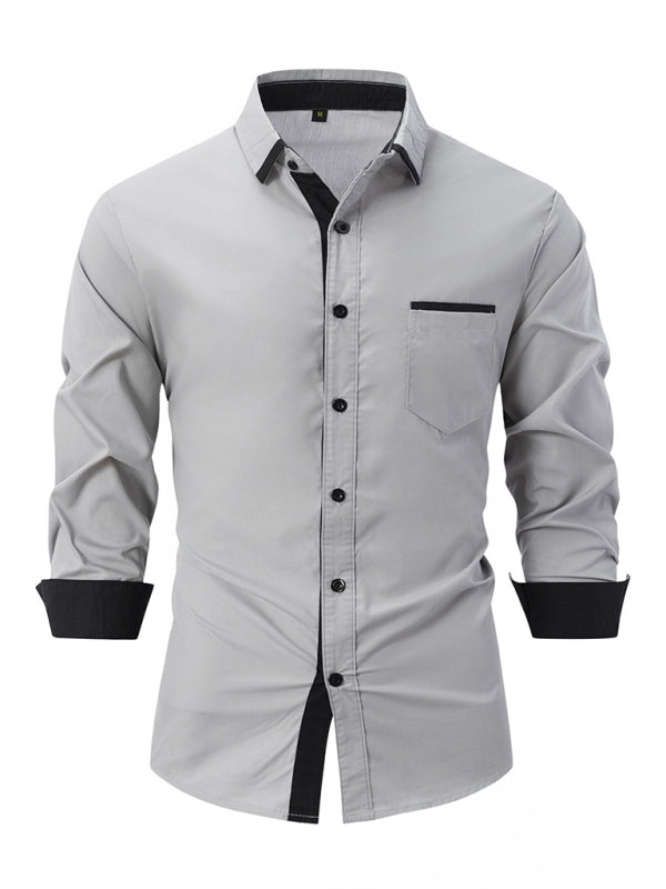 TEEK - Mens Color Block Business Slim Long Sleeve Shirt TOPS TEEK K Grey S 
