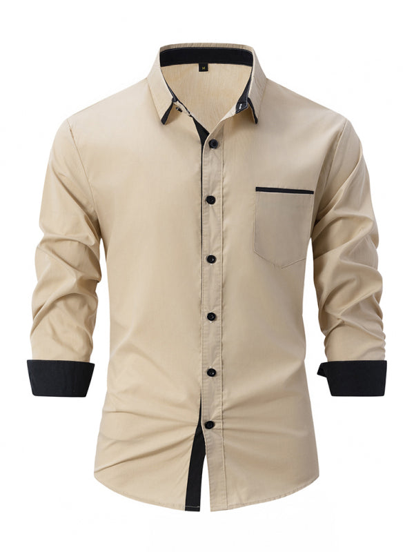 TEEK - Mens Color Block Business Slim Long Sleeve Shirt TOPS TEEK K Khaki S 