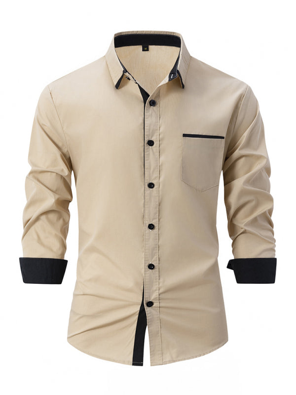 TEEK - Mens Color Block Business Slim Long Sleeve Shirt TOPS TEEK K Khaki S 