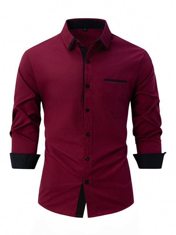 TEEK - Mens Color Block Business Slim Long Sleeve Shirt TOPS TEEK K Wine Red M 