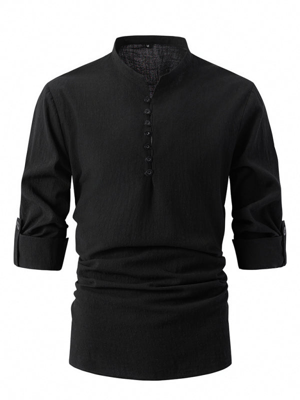 TEEK - Mens Stand Collar Slim Fit Long Sleeve Shirt TOPS TEEK K Black S 