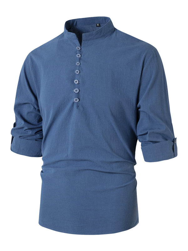 TEEK - Mens Stand Collar Slim Fit Long Sleeve Shirt TOPS TEEK K Purplish Blue Navy S 