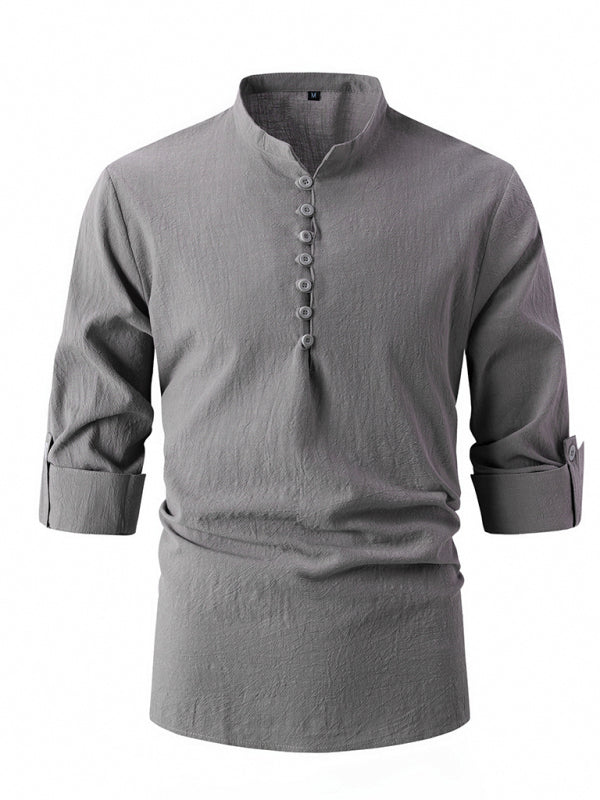 TEEK - Mens Stand Collar Slim Fit Long Sleeve Shirt TOPS TEEK K Grey S 