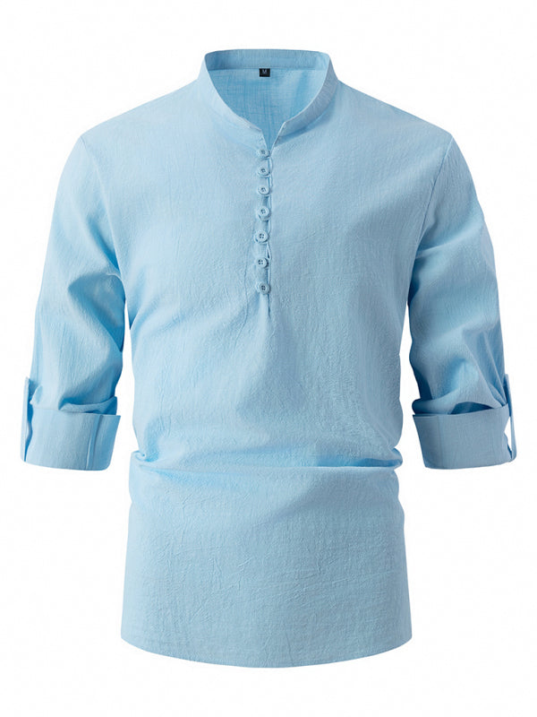 TEEK - Mens Stand Collar Slim Fit Long Sleeve Shirt TOPS TEEK K Sky Blue  Azure S 