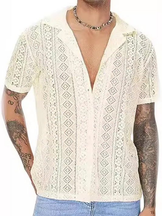 TEEK - Mens Lace Floral Buttoned Short-Sleeved Shirt TOPS TEEK K Cracker Khaki S 