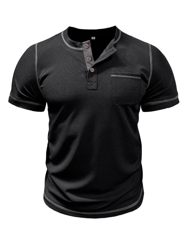 TEEK - Mens American Vintage Henley Collar Short Sleeve T-Shirt TOPS TEEK K Black S 