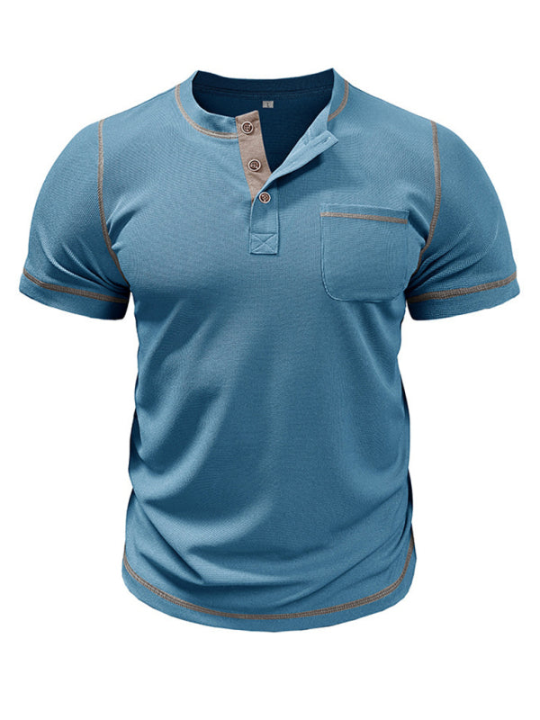 TEEK - Mens American Vintage Henley Collar Short Sleeve T-Shirt TOPS TEEK K Denim Blue S 