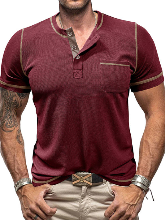 TEEK - Mens American Vintage Henley Collar Short Sleeve T-Shirt TOPS TEEK K Wine Red S 