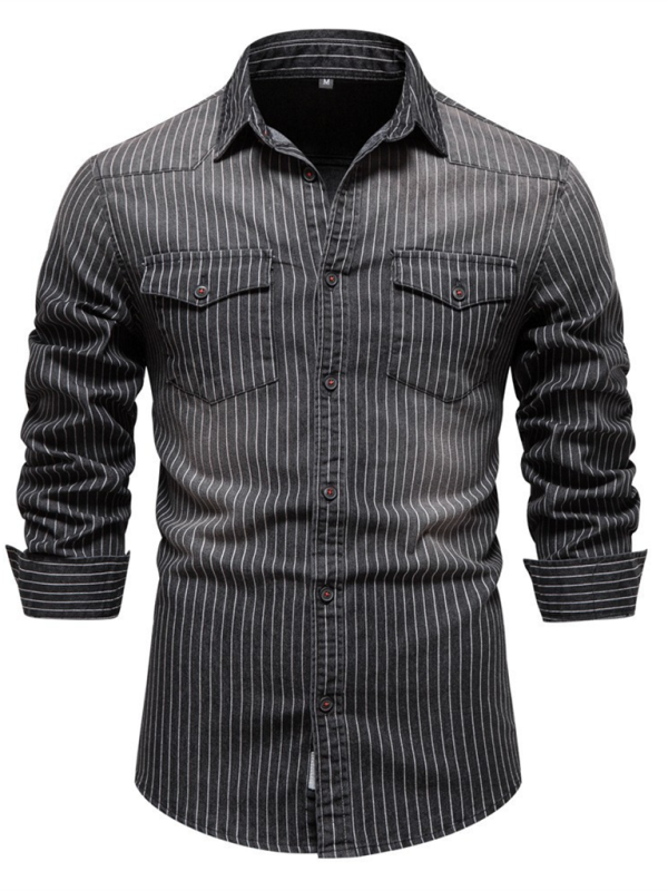 TEEK - Mens Heavy Washed Distressed Striped Denim Shirt TOPS TEEK K Black S 