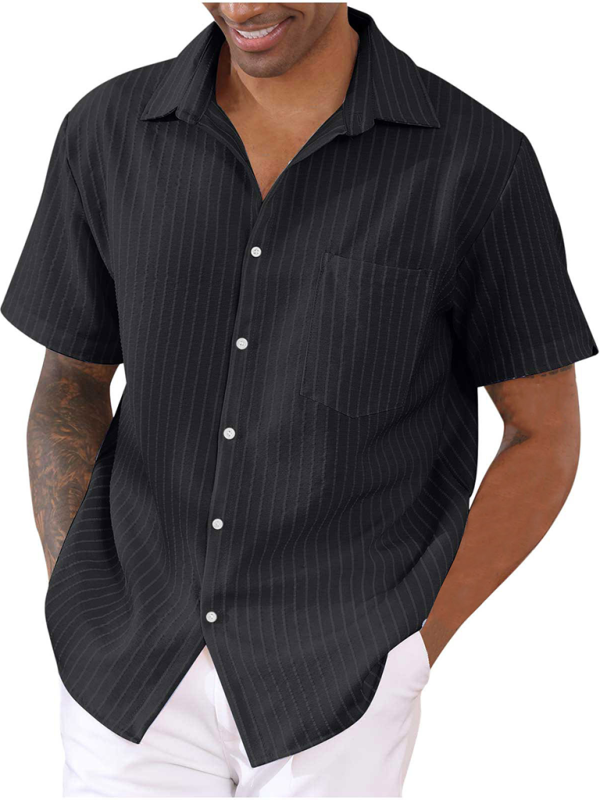 TEEK - Striped Short Sleeve Lapel Shirt TOPS TEEK K Black S 