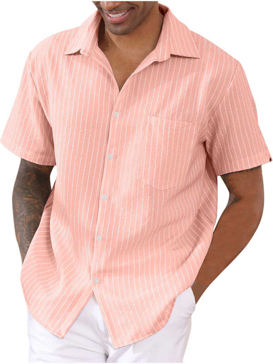 TEEK - Striped Short Sleeve Lapel Shirt TOPS TEEK K Pink S 