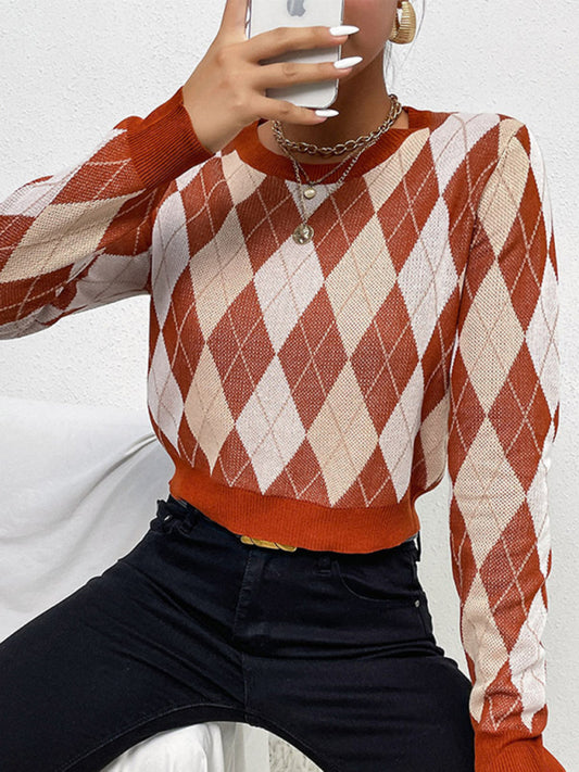 TEEK - Burnt Brown Long-Sleeved Short Rhombus Sweater SWEATER TEEK K S  