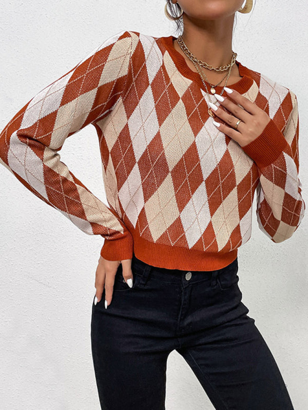 TEEK - Burnt Brown Long-Sleeved Short Rhombus Sweater SWEATER TEEK K   