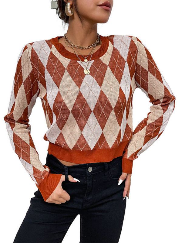 TEEK - Burnt Brown Long-Sleeved Short Rhombus Sweater SWEATER TEEK K   