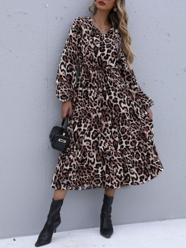 TEEK - Long Sleeved Leopard Tie Neck Dress DRESS TEEK K   