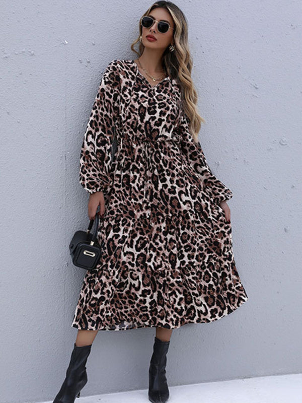 TEEK - Long Sleeved Leopard Tie Neck Dress DRESS TEEK K   