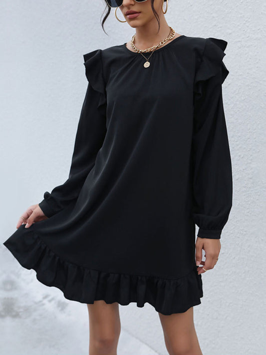 TEEK - Black Long Sleeved Ruffle Edge Dress DRESS TEEK K   