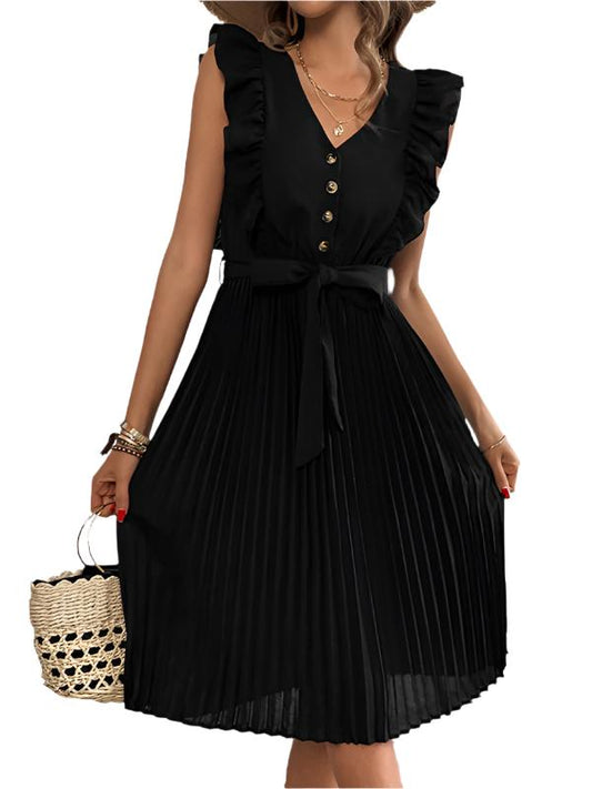 TEEK - Black Ruffle Summer Pleated Sleeveless Dress DRESS TEEK K S  