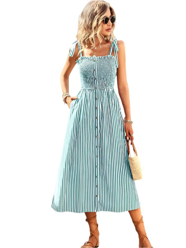 TEEK - Striped Shoulder Tied Dress DRESS TEEK K Deep Green S 