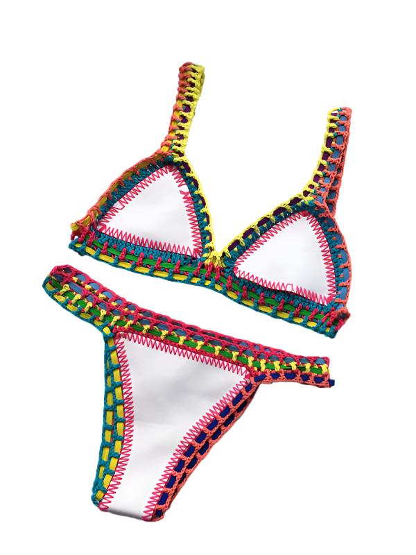 TEEK - Handwoven Colorful Contrast Trim Bikini SWIMWEAR TEEK K White S 