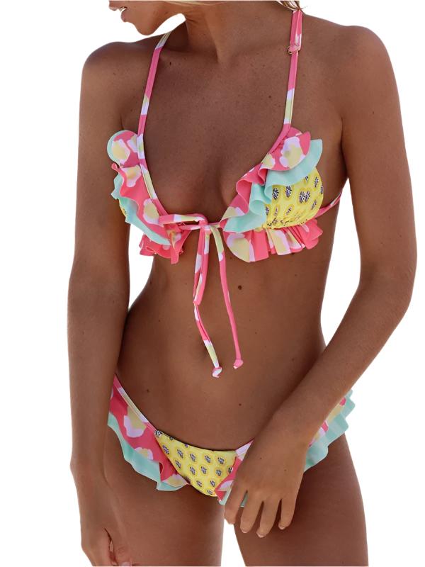 TEEK - Ruffled Triangle Contrast Print Bikini SWIMWEAR TEEK K Pink S 