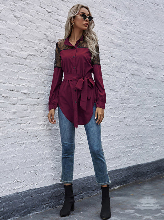 TEEK - Tie Waist Black Patchwork Lace Shirt TOPS TEEK K   