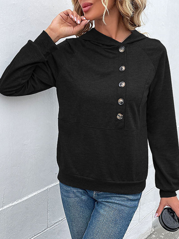 TEEK - Long-Sleeved Hooded Open Button Collar Sweater TOPS TEEK K Black S 