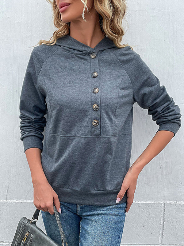 TEEK - Long-Sleeved Hooded Open Button Collar Sweater TOPS TEEK K Charcoal Grey S 