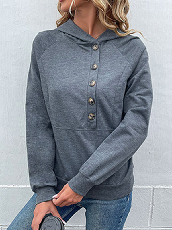 TEEK - Long-Sleeved Hooded Open Button Collar Sweater TOPS TEEK K   